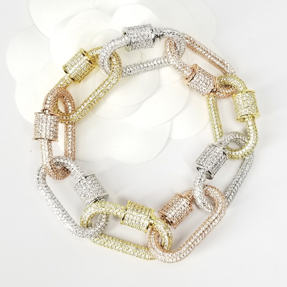 Jewelry - Tricolors Pave CZ Carabiner Locks Bracelet NEW